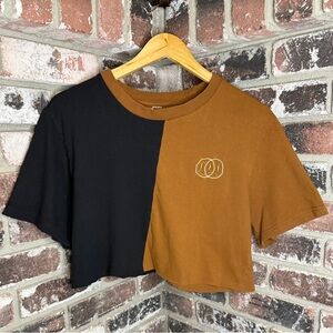 Eighty Eight Custom Cut Crop Black & Brown Split "Smiley" Embroidered T-Shirt